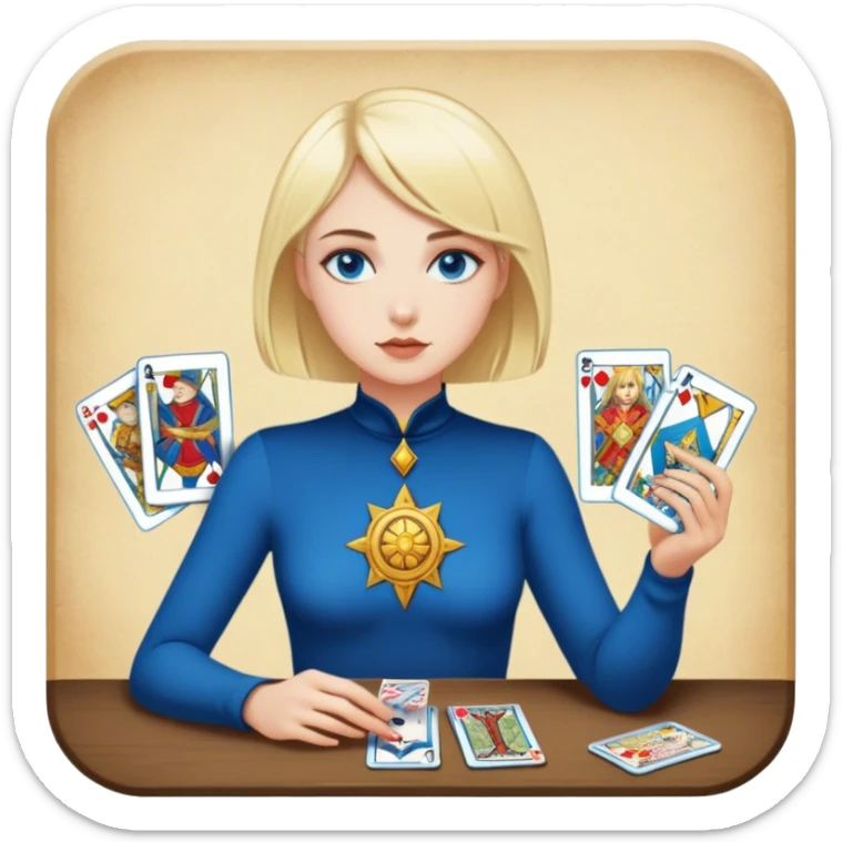 A blonde girl with blue eyes and short hair is playing tarot cards sticker