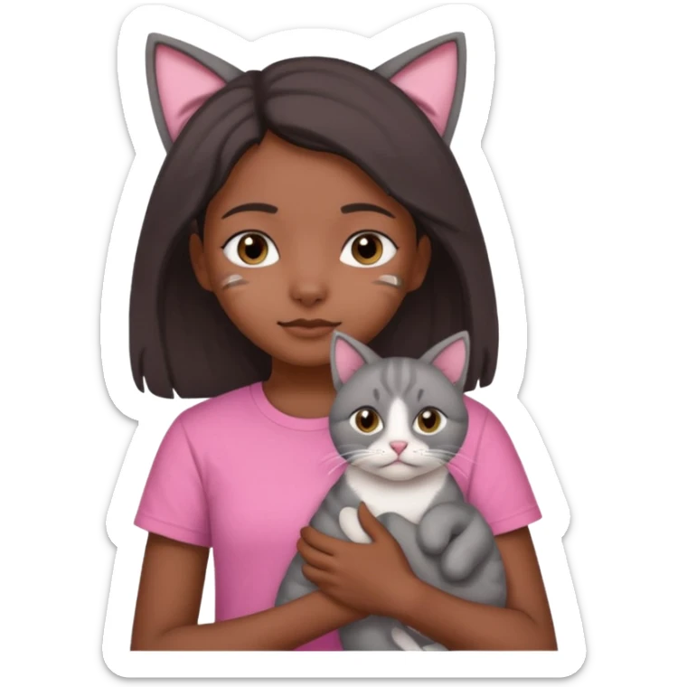 An Indian teenager girl with a pink t-shirt holding her gray cat with folded ears sticker
