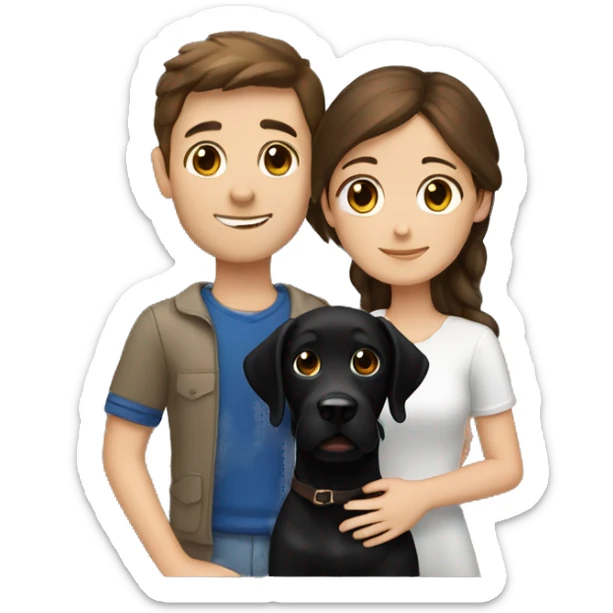 European brunette girl, european boy with brown hair hug black labrador sticker