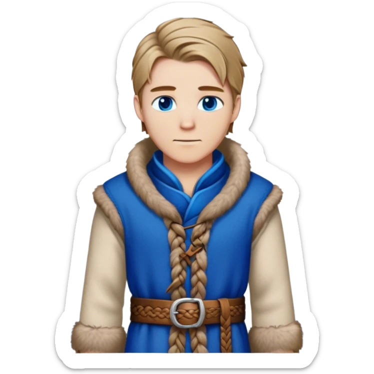 Medieval winter outfit worn by a DnD themed fantasy male character. Double-thick russet wool tunic with mink fur trim, featuring carved wooden toggles and a wide braided leather belt. Clothes only above the waist, full waist coverage. The character has no arms. Character is white-skinned with dark blonde hair, sapphire blue eyes, and medium-length straight hair touched by winter frost. sticker