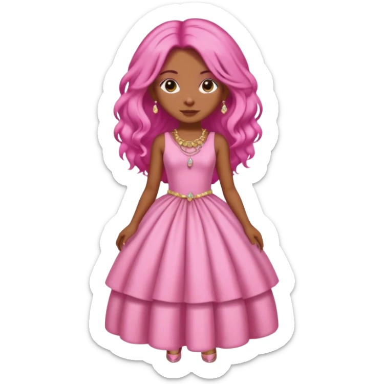 Brown skinned girl with long silky pink hair and pink puffy dress and pink jewelry  sticker