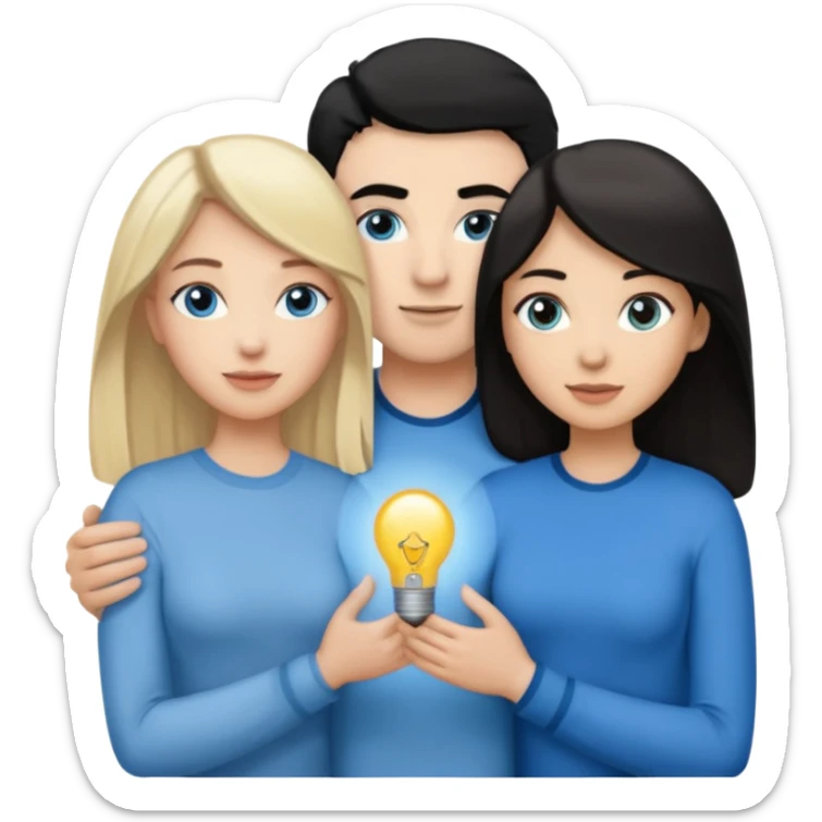 3 people. Throuple. Blank woman with blond hair and blue eye color on left. And also a blank man with black hair and grey eye color in the middle. And a blank woman with brown hair and grey eye color on the right. Holding each other sticker
