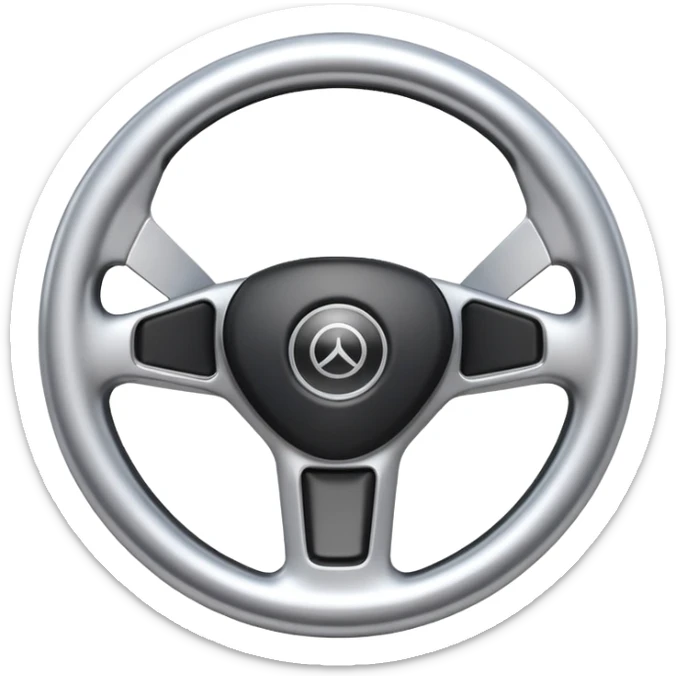 A futuristic steering wheel emoji made of silver chrome, minimal geometric design, smooth metallic surface, soft reflections, iOS emoji style, centered, clean white background sticker