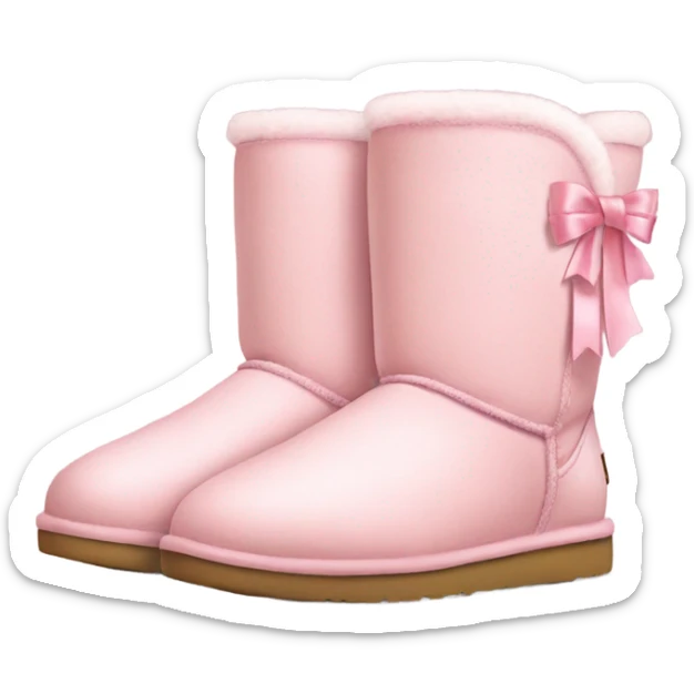a pair of light pink ugg boots with ribbon sticker