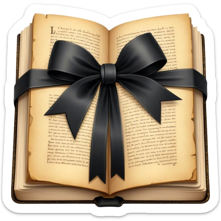 "A vintage book wrapped in aged parchment and tied with a silky black bow, hinting at a forgotten story filled with secrets."
 sticker