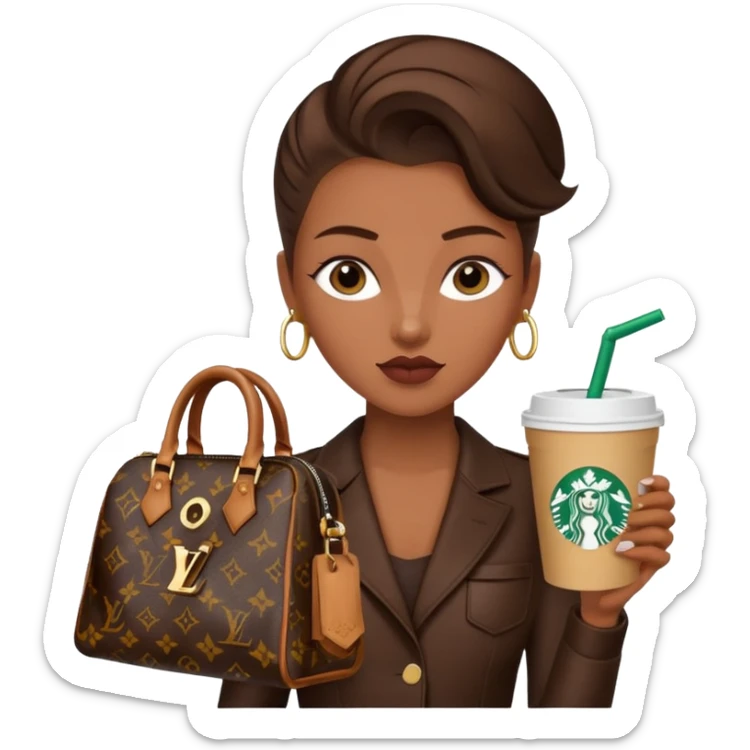 A girl with brown skin and a slick back hair and a luois vittion purse and Starbucks in hand sticker