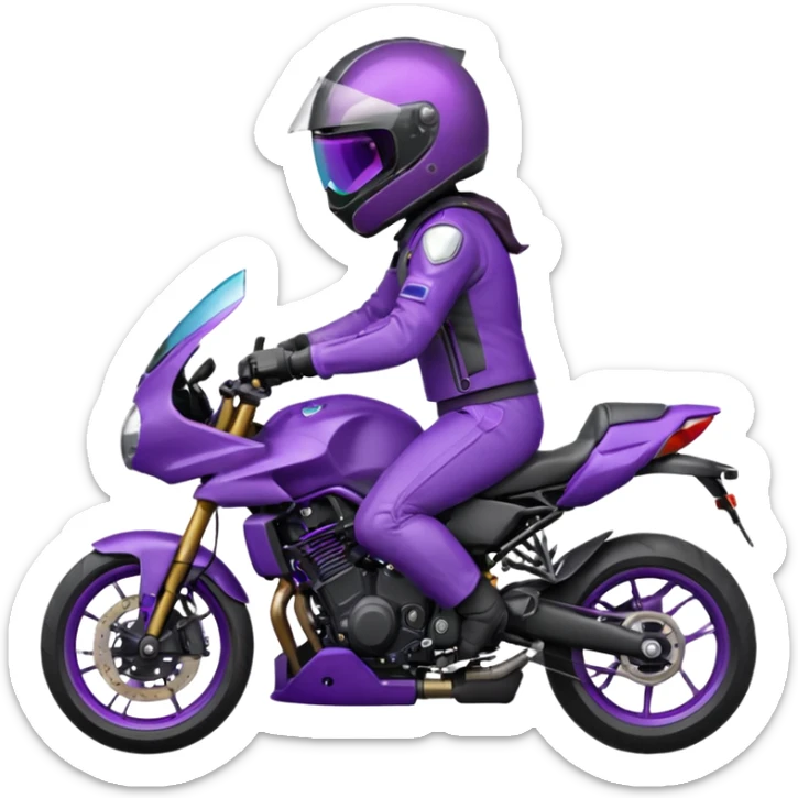 Créer un emoji avec une moto mt07 sport noir mate / violet iridescent très foncé. Avec une pilote dessus visière violet sombre faceless, bulle de la moto violet. Avec fond arrière violet, tenue complète casque inclus violet  sticker