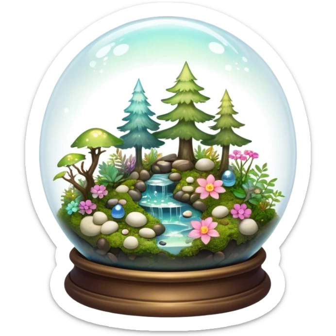 Sparkly shiny iridescent Mystical woodland glass-dome-terrarium-globe with moss inside, with marbles, with pebbles, crystals, with bones inside, and flowers inside  sticker