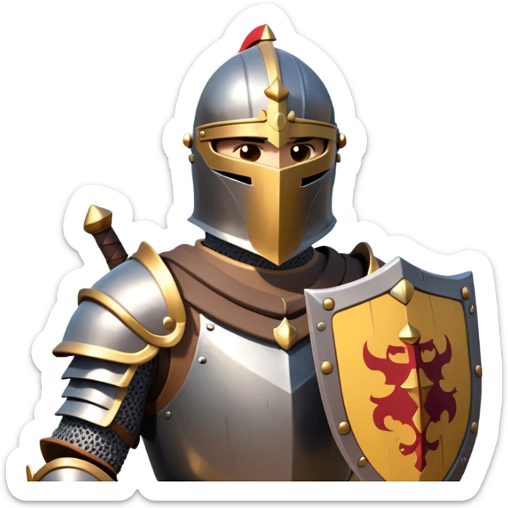 clash-of-clans-aesthetic_-cinematic-fearsome-and-majestic-knight-bust-portrait-emoji, rendered in a flat, vector-style with minimal shading and bold, simplified shapes, depicting a battle-ready medieval knight with steely eyes and intricate armor, mounted on a warhorse reflecting sunlight over a misty battlefield. sticker