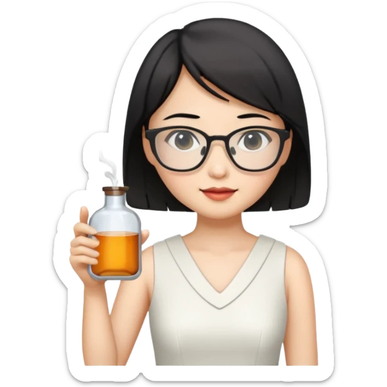 asian teacher with a white dress holding a flask with retangle glasses and black short hand  sticker
