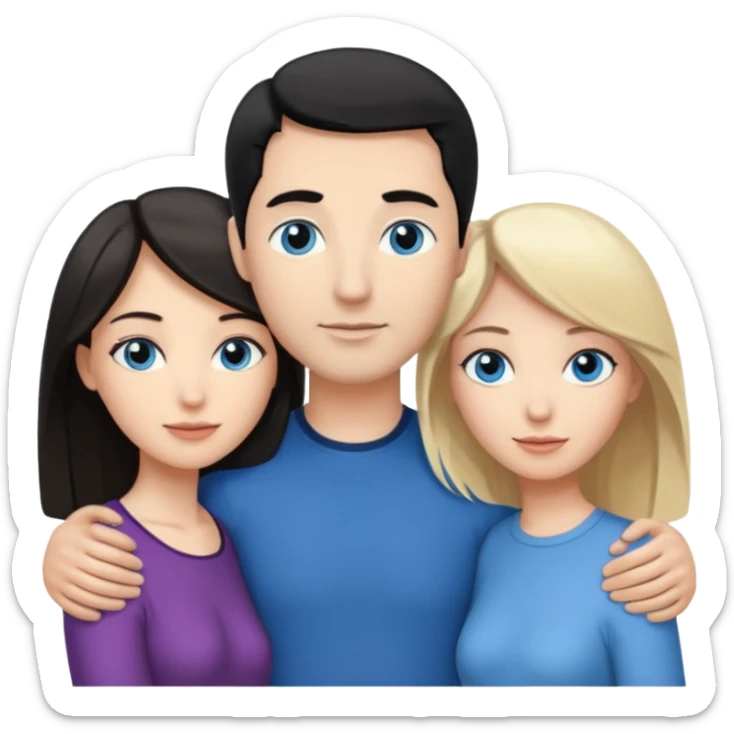 3 people. Throuple. Blank woman with blond hair and blue eye color on left. a blank man with black hair and grey eye color in the middle. And a blank woman with brown hair and grey eye color on the right. Holding each other  sticker