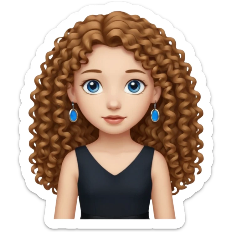 Girl with long light brown curly hair, blue eyes, black dress, hoops earrings. sticker