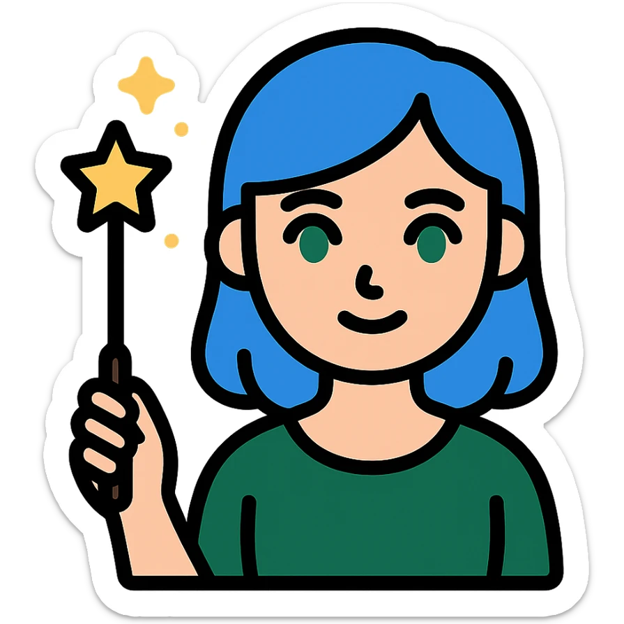 close-up face of beautiful girl with blue hair and green eyes, holding a magic wand, wearing dark green dress, icon style sticker