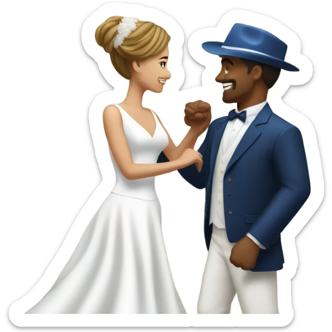 Puerto rican beard short brown hair with blue hat and navy blue suit first dance with blond long hair girl with white  wedding dress  sticker