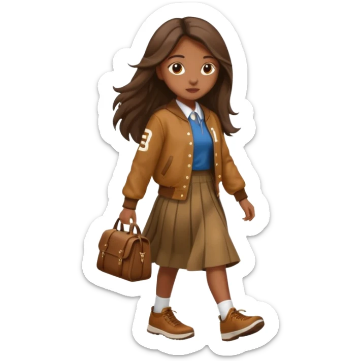 black color long hair girl with brown varsity jacket and long skirt walking  sticker