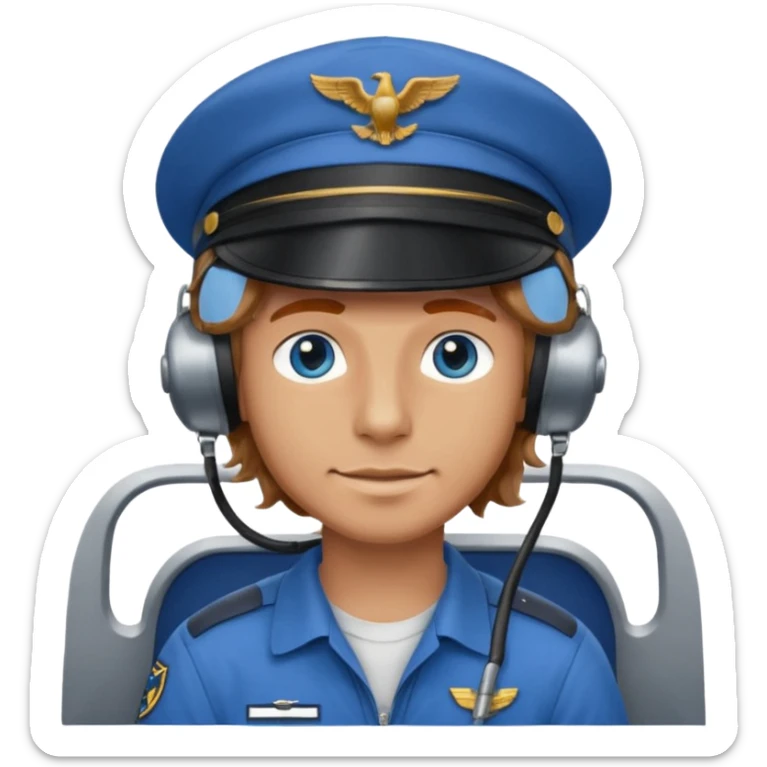 young man with wavy light brown hair and blue eyes. He is wearing a blue t shirt and is a pilot flying a plane sticker
