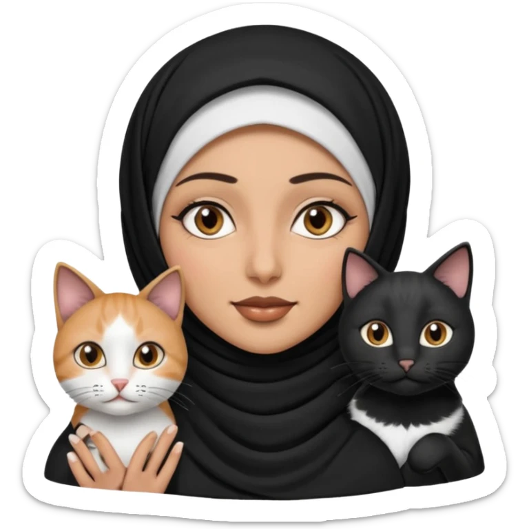 A Arabic woman human with brown eyes and black hijab. , the human is a human, two cats, the both cats is blackwhite,,  NO CAT EARS ON THE HUMAN ,  sticker