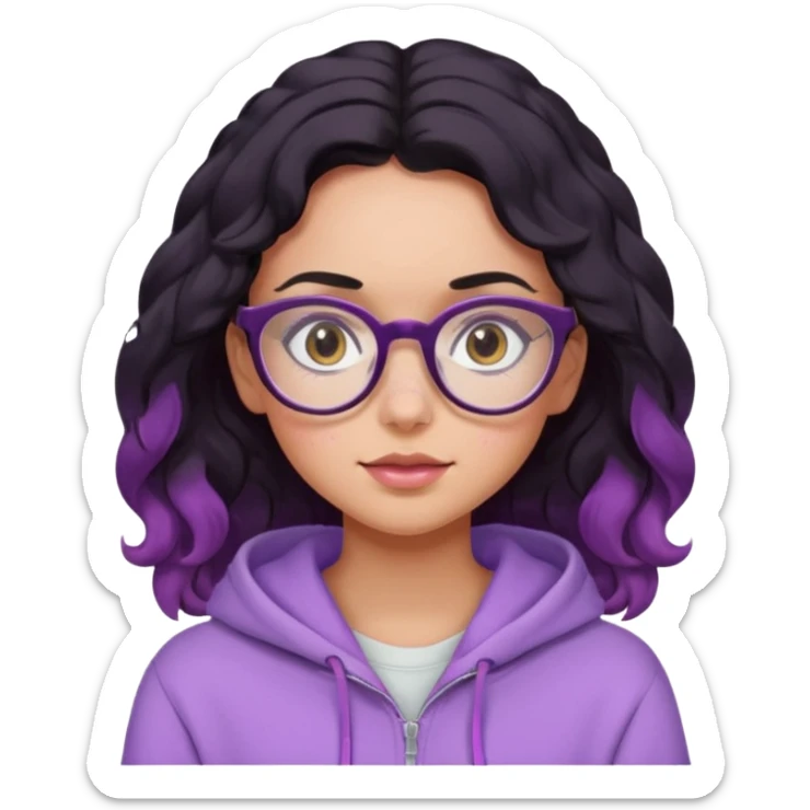 emoji of a woman, slighty tanned skin, cute freckles, pink cheeks, wavy black hair, big frame glasses and cute eyes, wearing a lilac hoodie  sticker