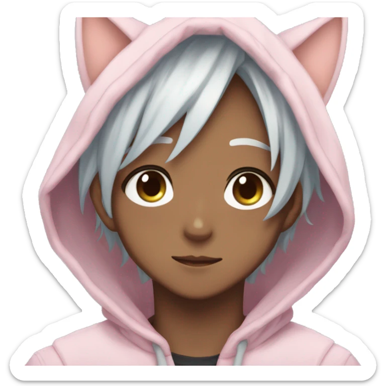 Gorgeous anime style shojo guy with cat ears and blushing face and hoodie aesthetic trending style outside sticker