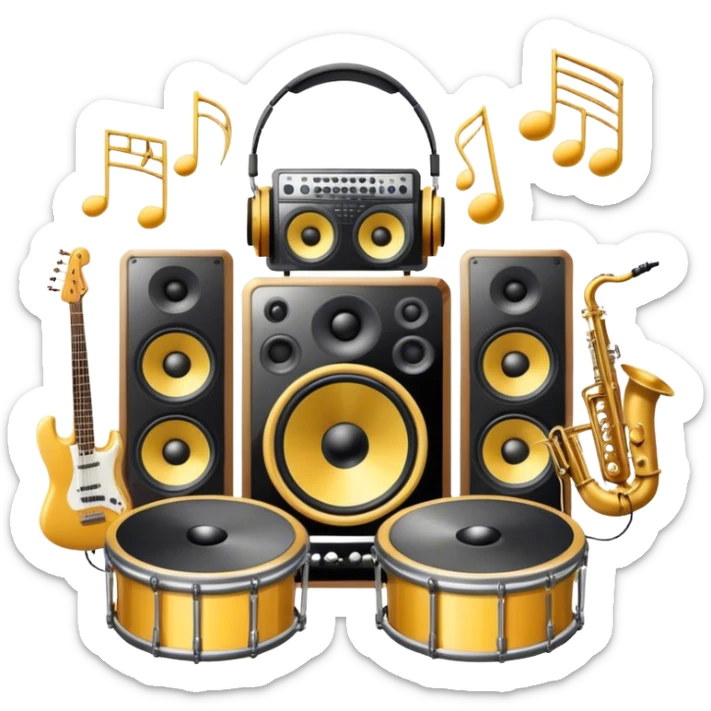 Icon for R&B Music Listening: large concert speakers and headphones with waves of musical notes coming out, along with drums, bass guitar and saxophone. The icon should convey the energetic and rhythmic vibe of R&B music. Transparent background sticker