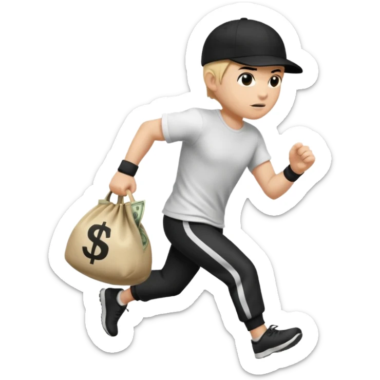 Thief with black cap white t-shirt with black tripes all ower the shirt emoji runing with money bag sticker