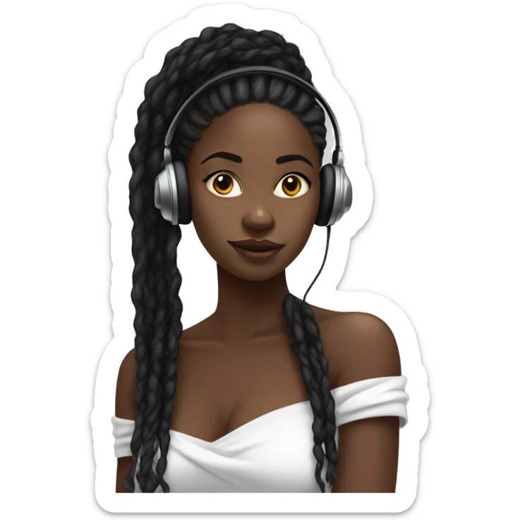 African girl. Black long twists. Wearing white headphones. Listening to music. Wearing an off the shoulder top. sticker