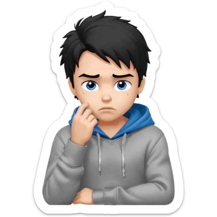 generate a pretty bratz fair skinned boy with messy black hair in a grey hoodie looking sad and bored with hand on chin. Make him muscled sticker