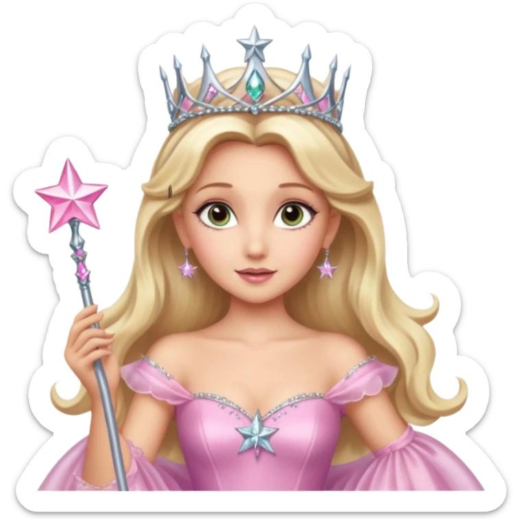 glinda the good witch from wicked movie (ariana grande) blonde hair, beautiful, big silver thin tiara, star wand, pink gown sticker