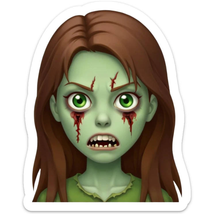 Girl zombie with brown long hair with teeth and serious face  sticker