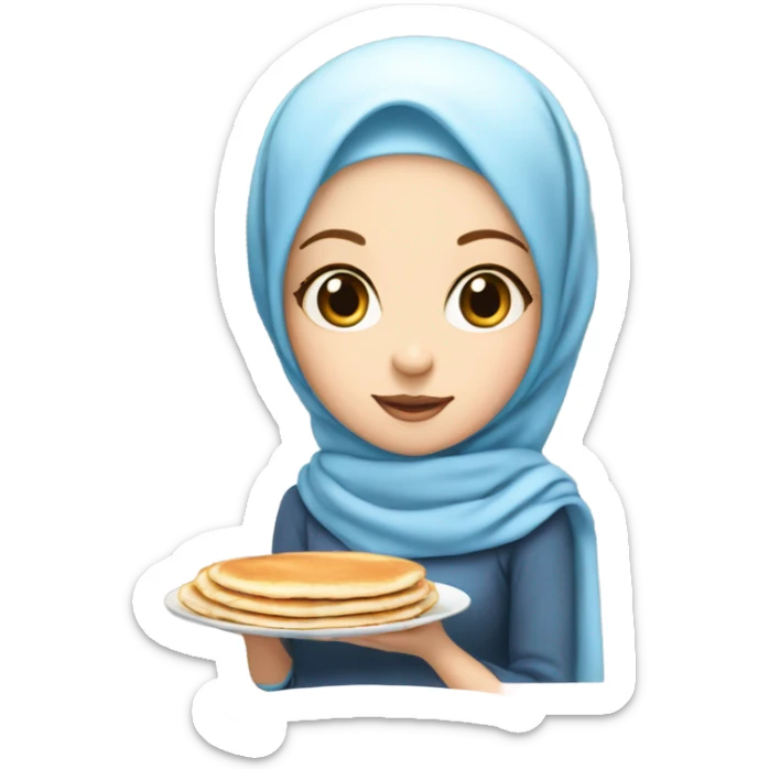 White girl with blue eyes and baby pink hijab holding a plate of pancakes sticker