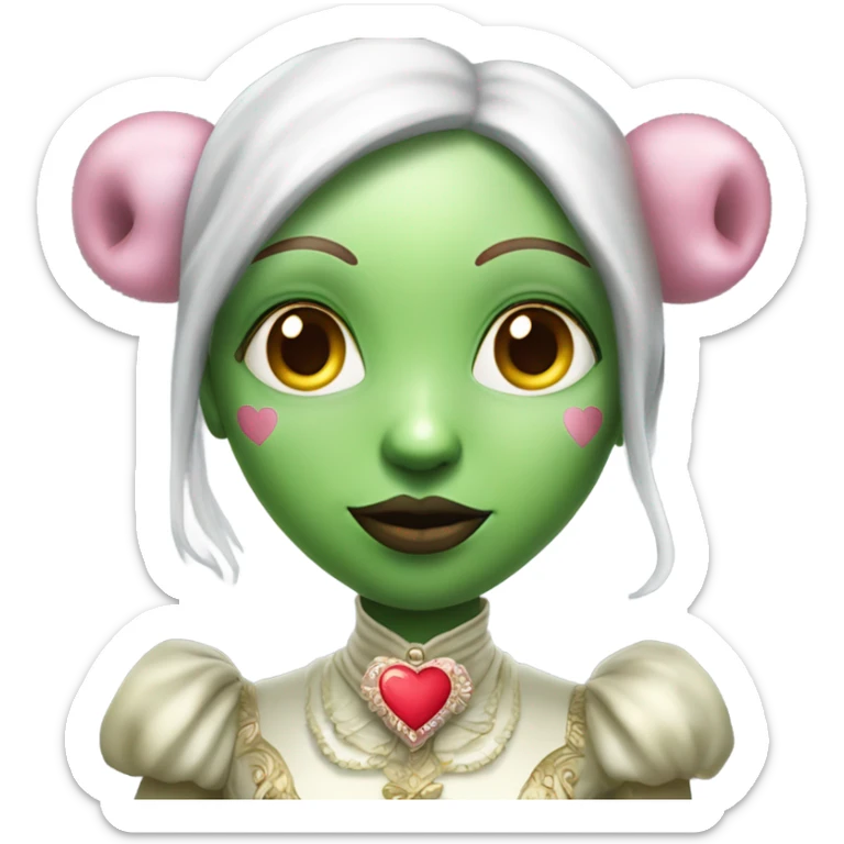 a green amazon alien woman in Victorian white gold, pink hair,holdig, red big hearth, full body sticker
