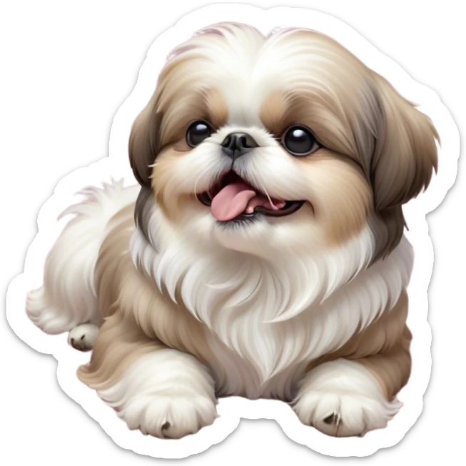 Cinematic Cute Yawning Shih Tzu Portrait Emoji, Head gently tilted with an irresistibly cute yawn and sleepy, half-closed eyes, showcasing a luxurious, fluffy fur in gentle pastel tones, simplified yet endearingly detailed, glowing with a soft, drowsy radiance, high shine, exuding tender, sleepy charm, styled with a delicate, soft glowing outline, capturing the essence of a Shih Tzu caught in a moment of adorable, sleepy bliss! sticker