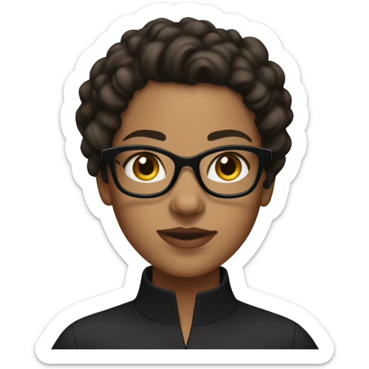 ios emoji style girl with dark brown mid length curly hair slick back brown skin not very dark black eyes with glasses and a mole high neck black shirt  sticker