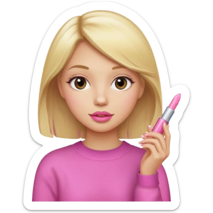 A blonde haired girl with a pink sweater and holding a lip gloss sticker