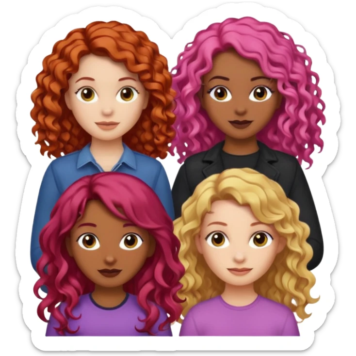 5 girlsone curly redhead, one with brunette dyed blonde hair, one long haired wavy brunette, one mid-length haired brunette, and one black haired girl with partially dyed bright red/pink hair sticker