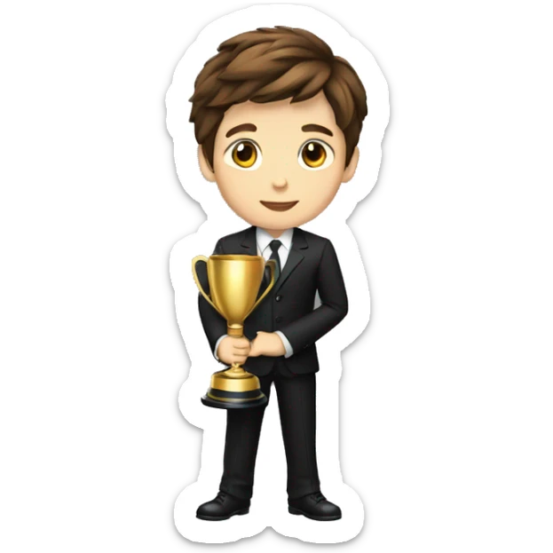 A boy with brown hair with a black suit holding a trophey, full body sticker