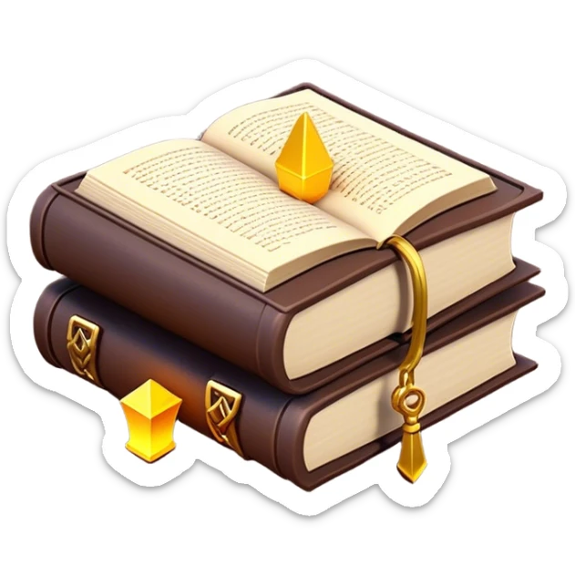 Clash of Clans aesthetic: Cinematic Playful 3D Isometric Spell Book Emoji, rendered in a 3D vector-style similar to standard emojis with minimal shading and bold, simplified shapes. A compact, distinct form with signature details, softly glowing with a fantasy RPG magic charm. Simplified yet unmistakably iconic, highly detailed and consistent, glowing with a soft radiance and high shine. Stylized with a touch of heroic grandeur and a soft glowing outline, capturing the essence of a beloved gaming relic with a friendly, playful manner! sticker