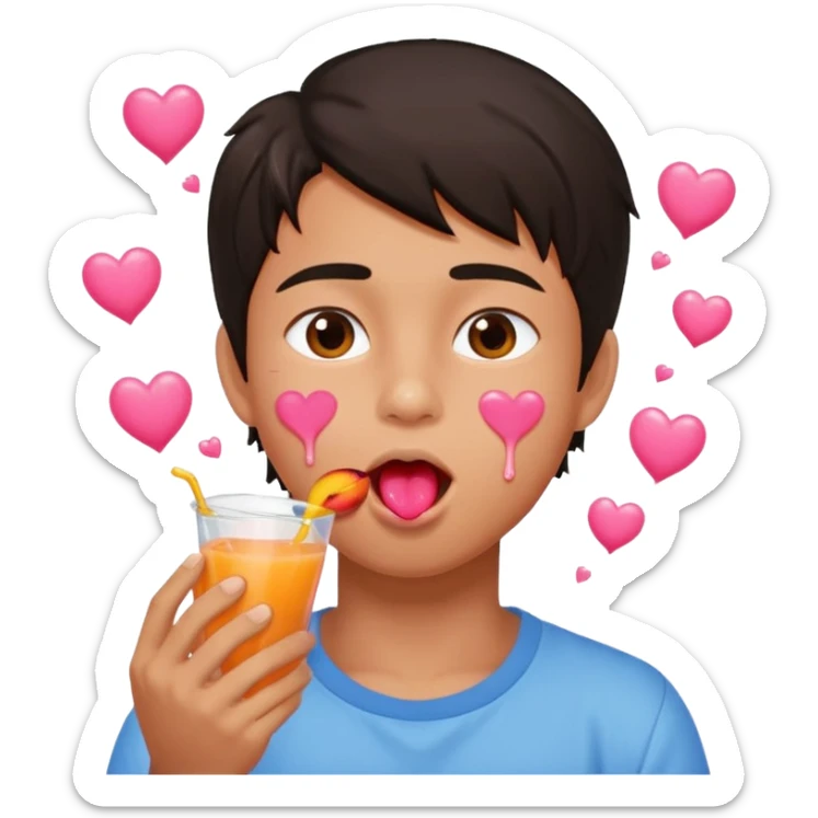 Cute boy, grown out dark hair, eating a peach, pink hearts floating , water dripping from mouth sticker