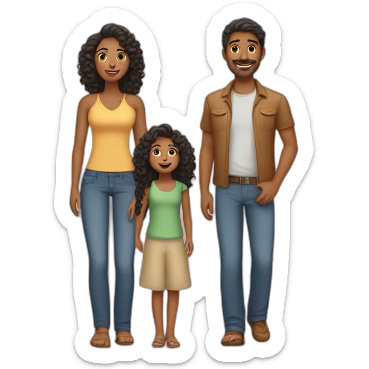 indian family with one dad and one son straight hair and one mom and one daughter curly hair sticker