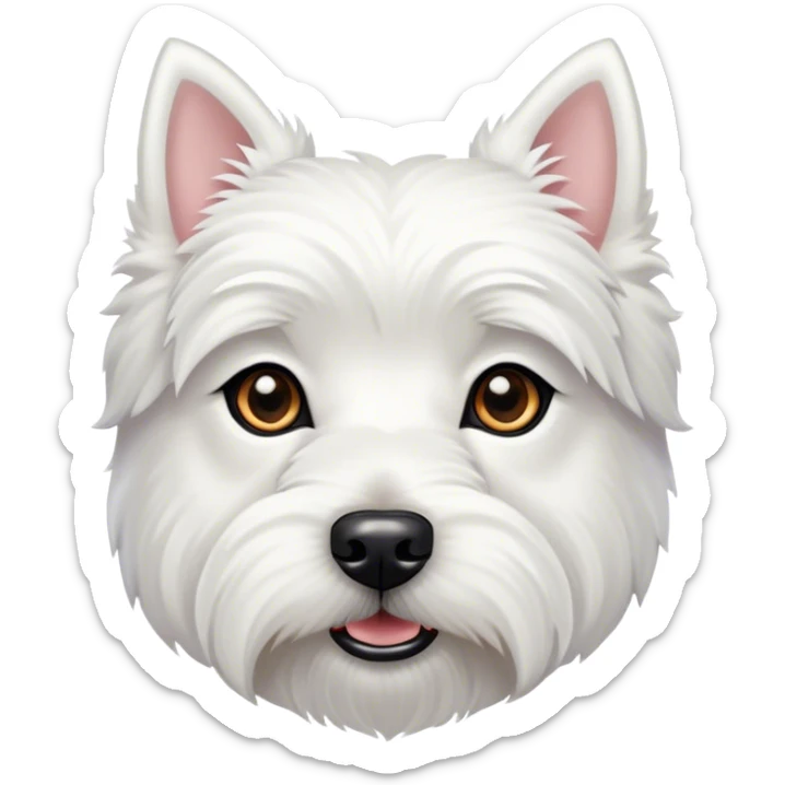 Cinematic Noble West Highland White Terrier Portrait Emoji, Poised and regal, with a compact, sturdy build and a pristine, well-groomed pure white coat, deep-set soulful dark eyes, Simplified yet sharp and sophisticated features, highly detailed, glowing with a soft, dignified glow, high shine, intelligent and loyal, stylized with an air of confidence, focused and attentive, soft glowing outline, capturing the essence of a watchful and determined companion, so majestic it feels as though it could trot out of the screen with effortless authority! sticker