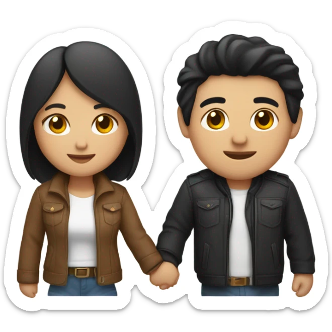 a couple holding hands. the guy has black middle part hair and is Persian and Filipino mix, wearing a jacket. the girl has brown hair white and asian mix, wearing a crop top. sticker