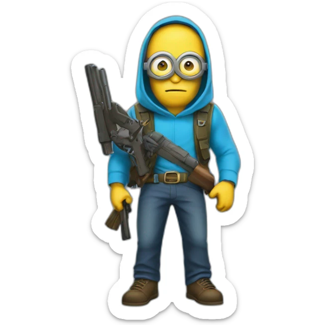 invisible minion in a blue sleeveless shirt with a hood, only his glasses are visible, he holds two guns, he has a belt with a gold insert in the shape of a star sticker