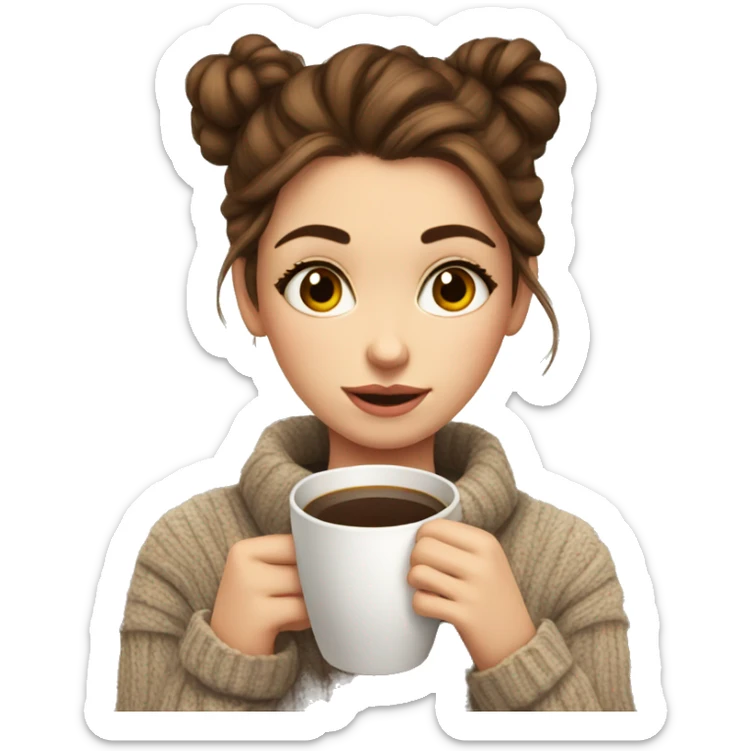 Cute brown haired girl in a cozy sweater hair in a messy bun drinking coffee sticker