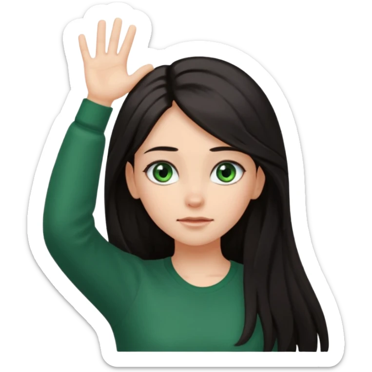 Animated girl dark long hair green eyes emoji holding right side of the head with her hand with duh facial expression , hand on top of her head sticker