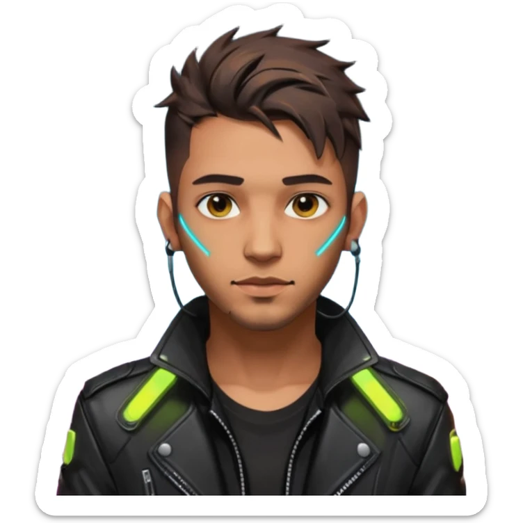 Cyberpunk street adult, hispanic, male, messy undercut, glowing earpiece, light stubble, brown eyes, neon reflections, headshot sticker