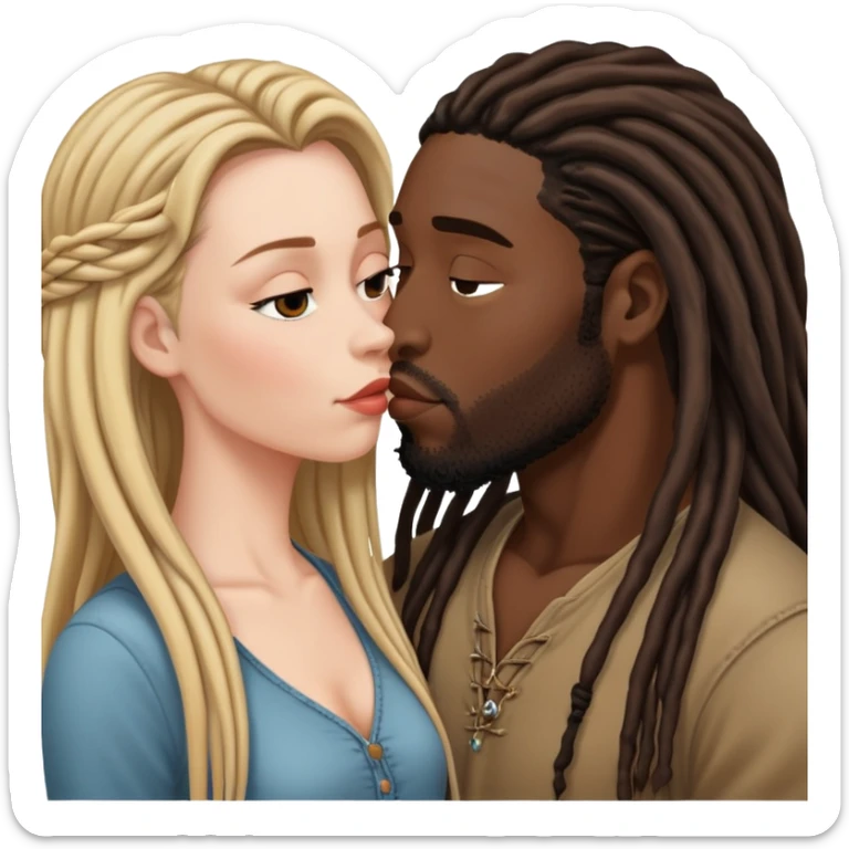 White Woman with long hair kissing a black guy with dreads no beard sticker