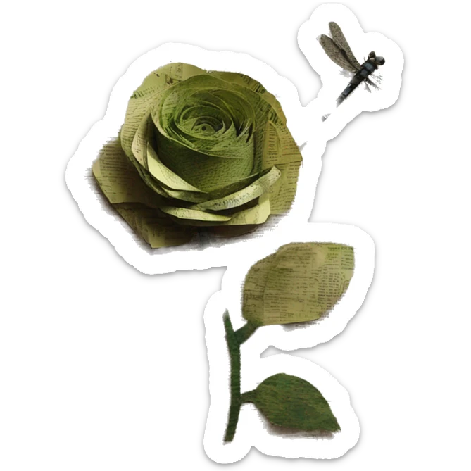 Shakespeare made of newspaper cuttings handwriting 420 hemp roses flowers plants leaves dragonfly mulberries Italy sticker