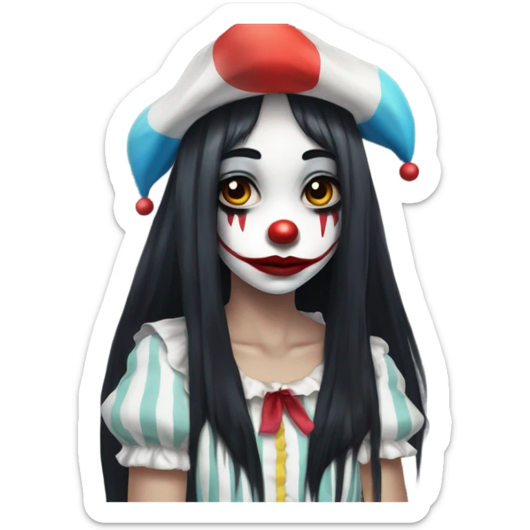 Anime style Sad clown girl with clown face paint wearing cap n bells cockcomb jester hat with long straight black hair exaggerated expression on her face  sticker