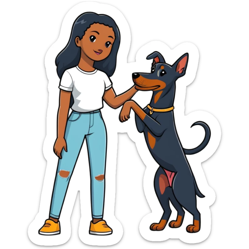 Black girl with long hair holding a Doberman dog sticker