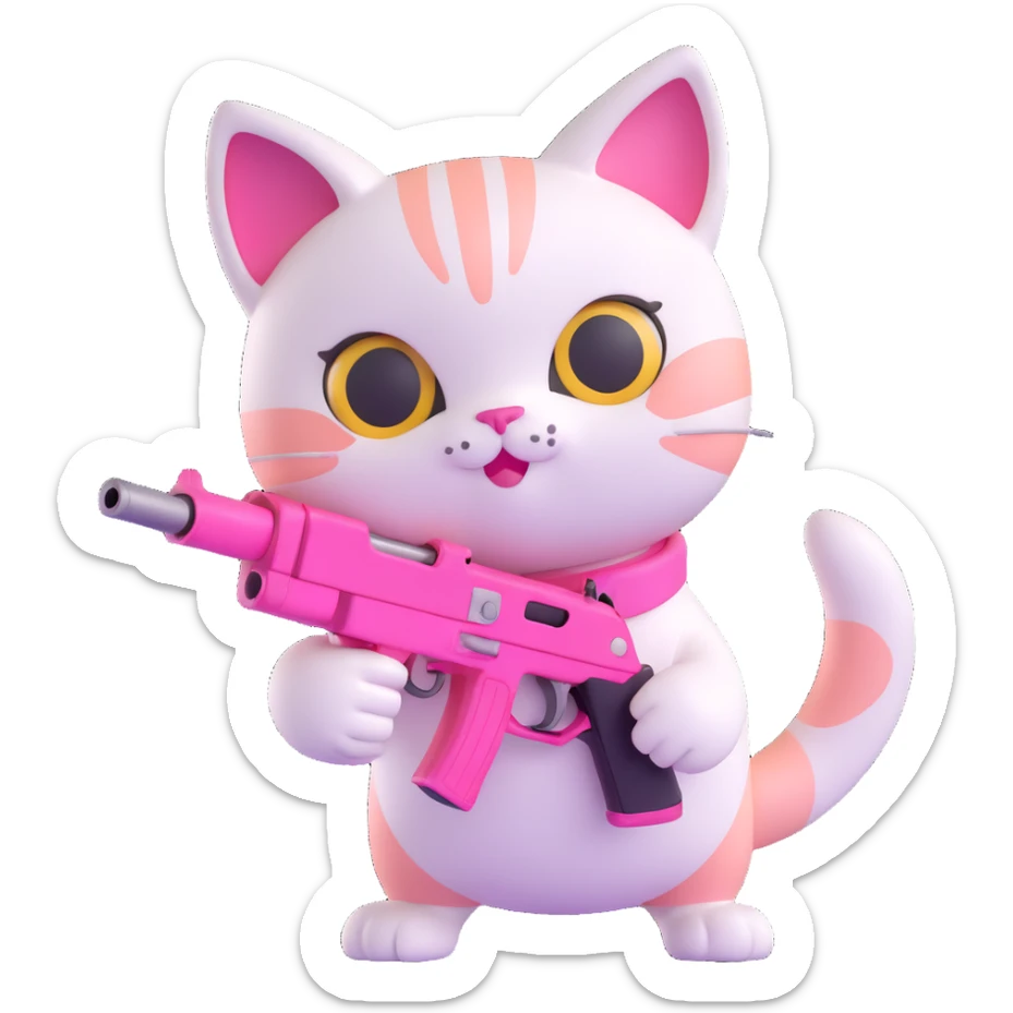 cute pink cat holding a pink gun, glossy finish, adorable face, playful stance sticker